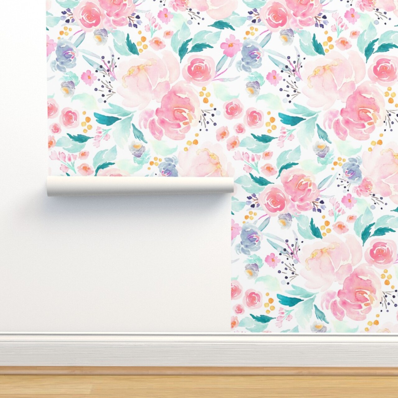 Blooms, Mermaid Lagoon, Floral, Pink, Peach, Spring, Girls Room, Nursery Custom Pre-pasted Wallpaper by Spoonflower Pre-Pasted Wallpaper 2FT Wide